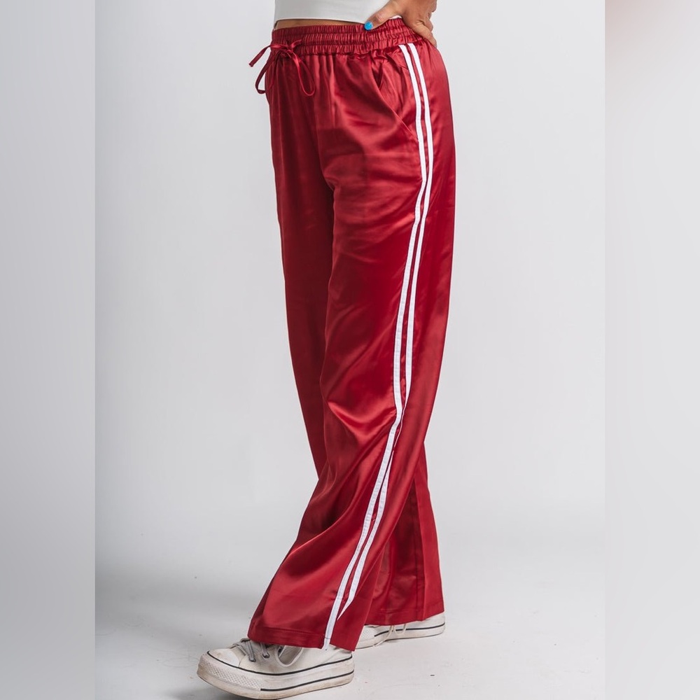 Mimosa Boutique Red Satin Track Pants with White Stripes